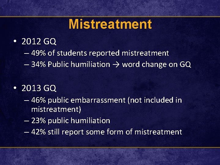 Mistreatment • 2012 GQ – 49% of students reported mistreatment – 34% Public humiliation