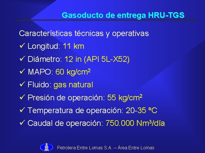 Gasoducto de entrega HRU-TGS Características técnicas y operativas ü Longitud: 11 km ü Diámetro: