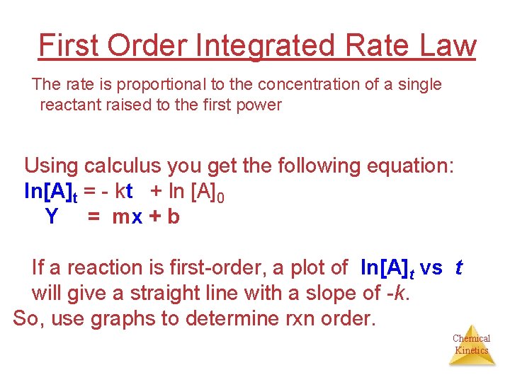 First Order Integrated Rate Law The rate is proportional to the concentration of a