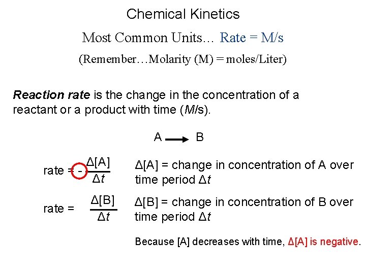 Chemical Kinetics Most Common Units… Rate = M/s (Remember…Molarity (M) = moles/Liter) Reaction rate