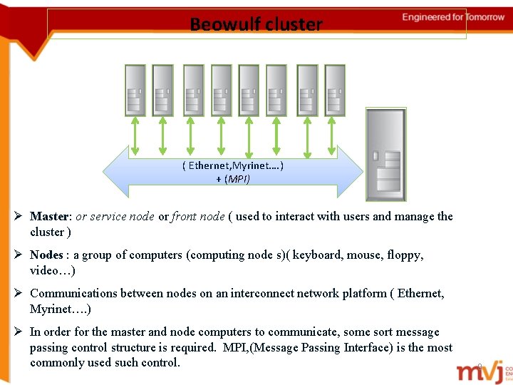 Beowulf cluster ( Ethernet, Myrinet…. ) + (MPI) Ø Master: or service node or