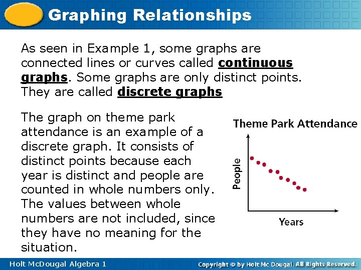 Graphing Relationships As seen in Example 1, some graphs are connected lines or curves