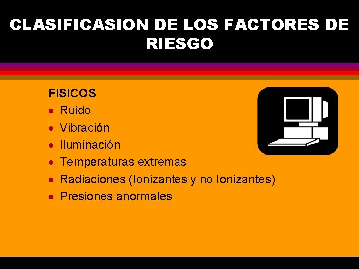 CLASIFICASION DE LOS FACTORES DE RIESGO FISICOS · Ruido · Vibración · Iluminación ·