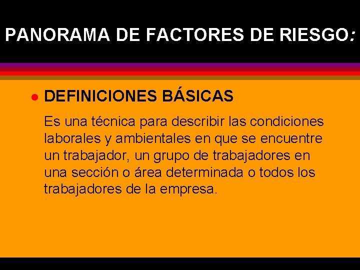 PANORAMA DE FACTORES DE RIESGO: l DEFINICIONES BÁSICAS Es una técnica para describir las