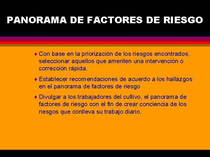 PANORAMA DE FACTORES DE RIESGO ¨ Con base en la priorización de los riesgos