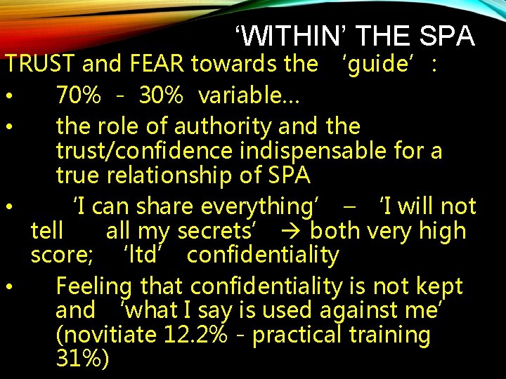 ‘WITHIN’ THE SPA TRUST and FEAR towards the ‘guide’: • 70% - 30% variable…
