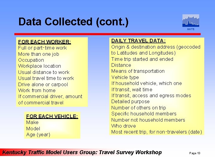 Data Collected (cont. ) FOR EACH WORKER: Full or part‑time work More than one