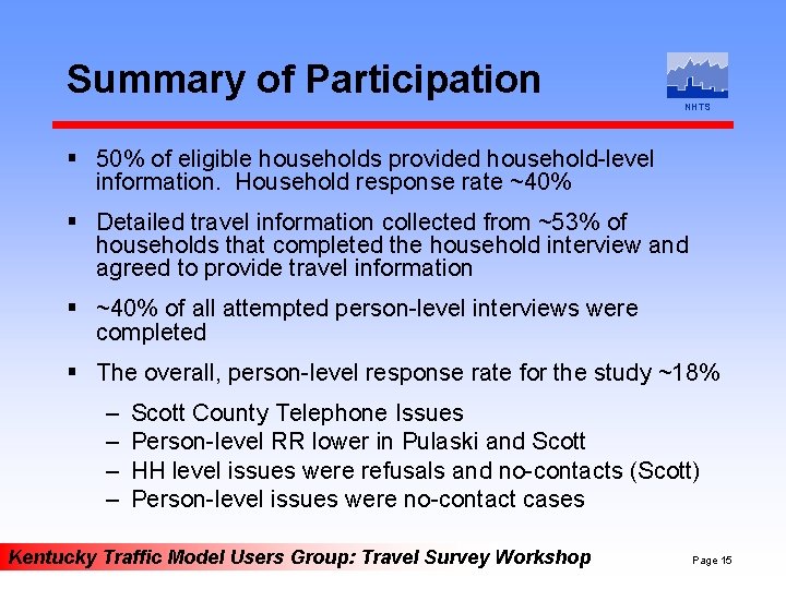 Summary of Participation NHTS § 50% of eligible households provided household-level information. Household response