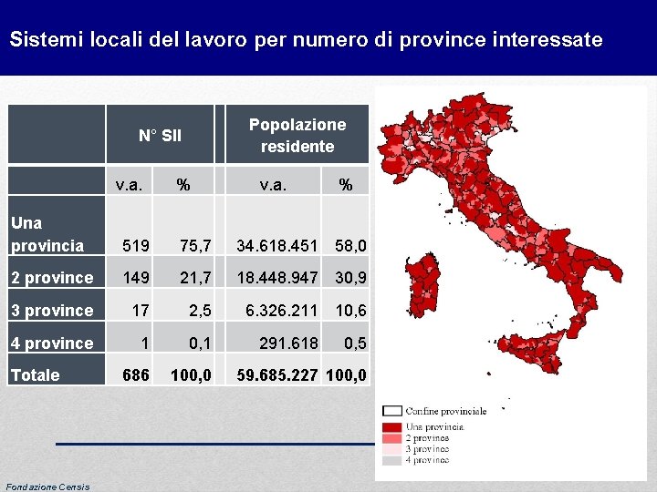 Sistemi locali del lavoro per numero di province interessate Popolazione residente N° Sll v.