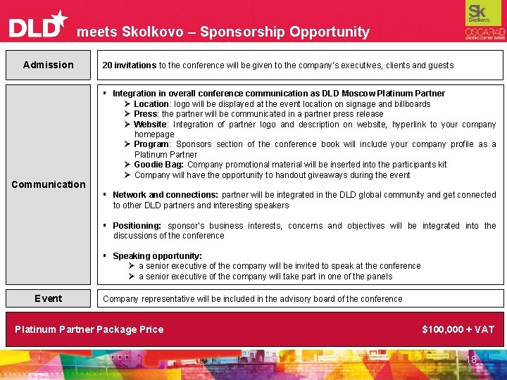 meets Skolkovo – Sponsorship Opportunity Admission Communication 20 invitations to the conference will be