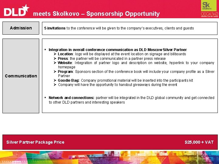 meets Skolkovo – Sponsorship Opportunity Admission Communication 5 invitations to the conference will be