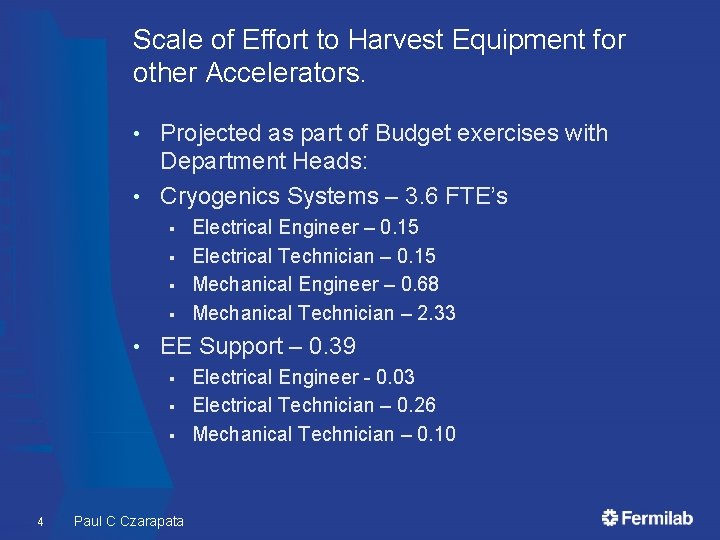 Scale of Effort to Harvest Equipment for other Accelerators. Projected as part of Budget