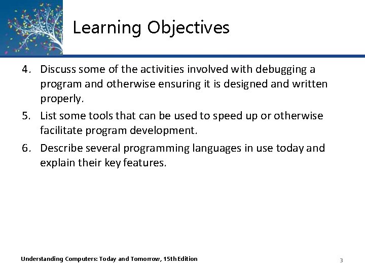 Learning Objectives 4. Discuss some of the activities involved with debugging a program and Learning Objectives 4. Discuss some of the activities involved with debugging a program and