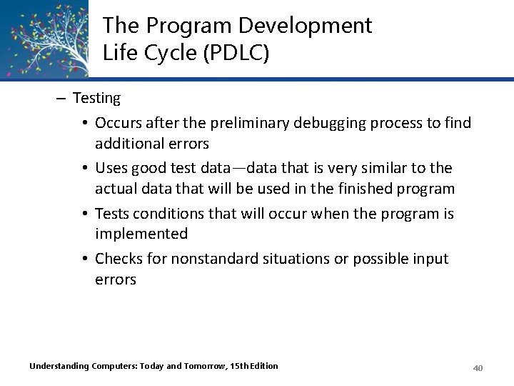 The Program Development Life Cycle (PDLC) – Testing • Occurs after the preliminary debugging The Program Development Life Cycle (PDLC) – Testing • Occurs after the preliminary debugging