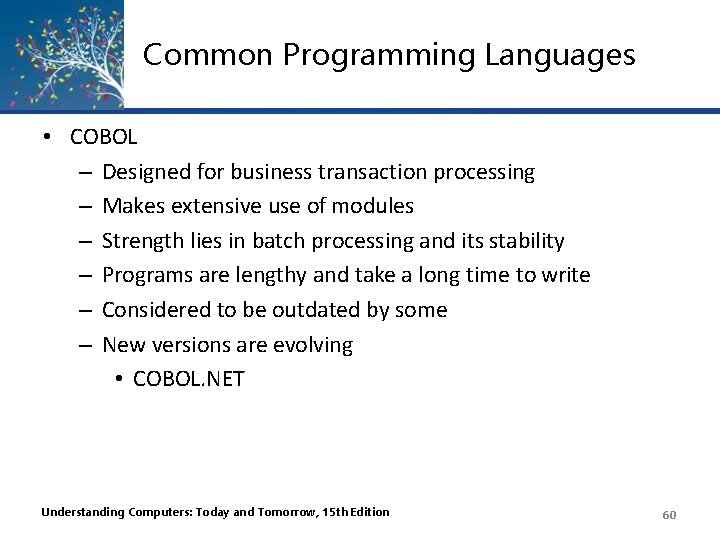 Common Programming Languages • COBOL – Designed for business transaction processing – Makes extensive Common Programming Languages • COBOL – Designed for business transaction processing – Makes extensive