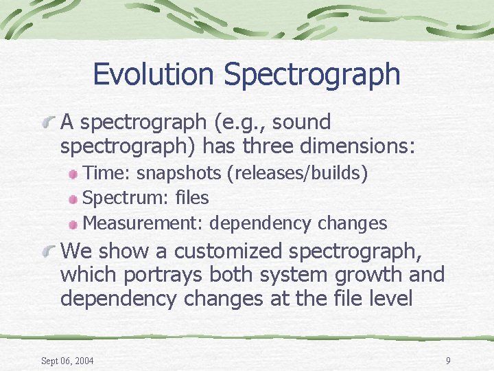 Evolution Spectrograph A spectrograph (e. g. , sound spectrograph) has three dimensions: Time: snapshots