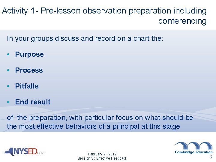 Activity 1 - Pre-lesson observation preparation including conferencing In your groups discuss and record Activity 1 - Pre-lesson observation preparation including conferencing In your groups discuss and record