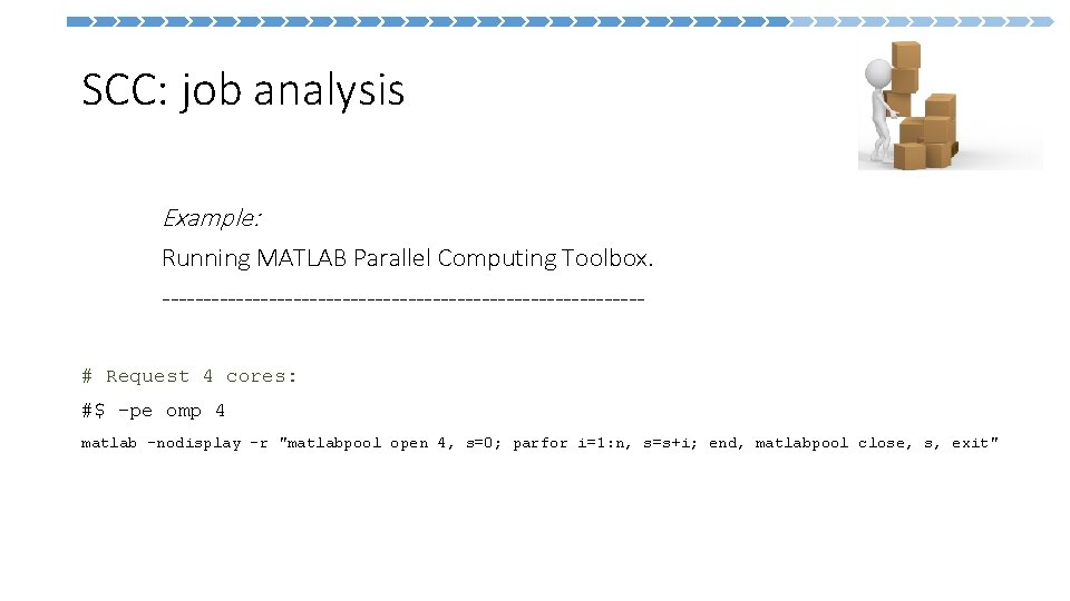 SCC: job analysis Example: Running MATLAB Parallel Computing Toolbox. -----------------------------# Request 4 cores: #$