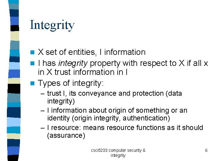 Integrity X set of entities, I information n I has integrity property with respect