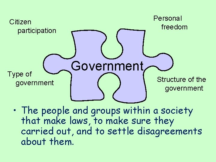 Personal freedom Citizen participation Type of government Government Structure of the government • The