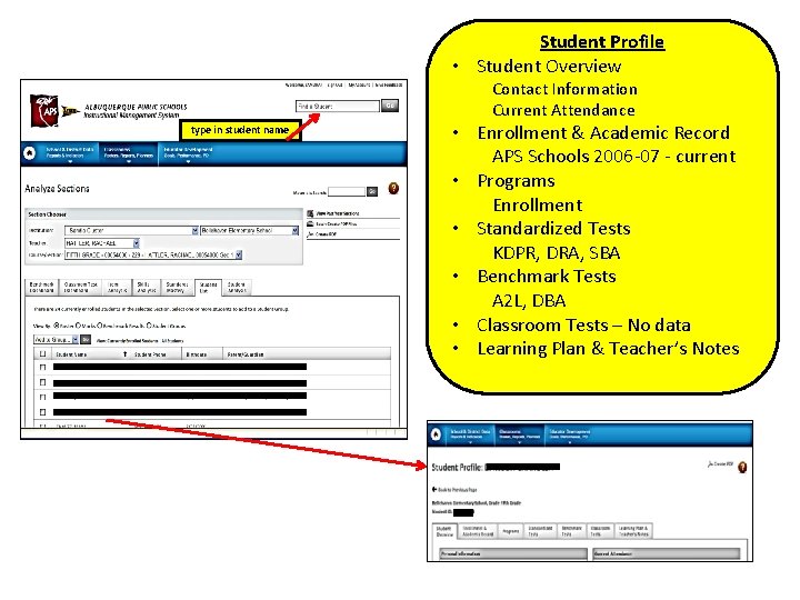 Student Profile • Student Overview Contact Information Current Attendance type in student name •