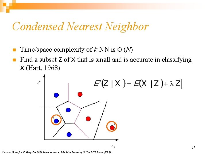 Condensed Nearest Neighbor n n Time/space complexity of k-NN is O (N) Find a