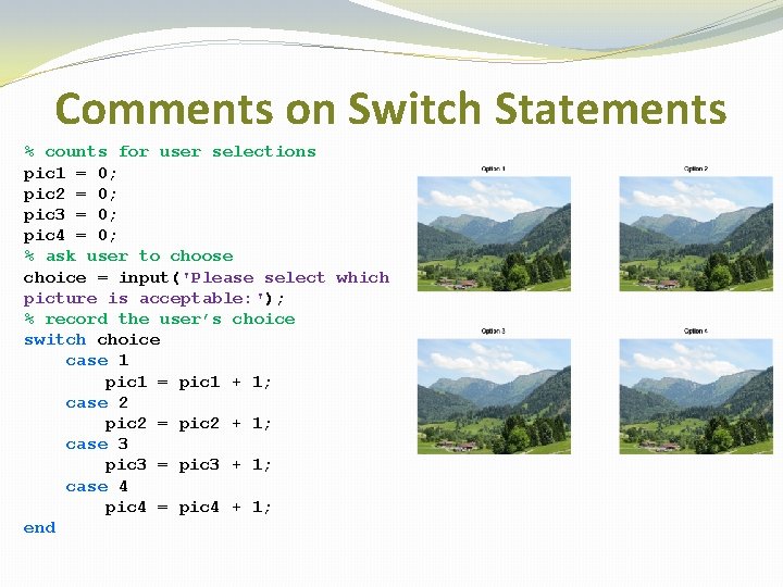 Comments on Switch Statements % counts for user selections pic 1 = 0; pic