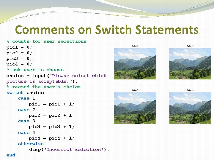 Comments on Switch Statements % counts for user selections pic 1 = 0; pic