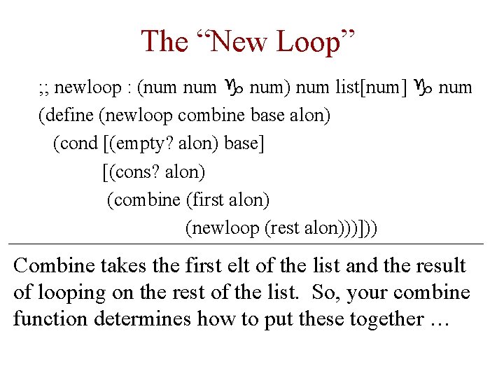 The “New Loop” ; ; newloop : (num g num) num list[num] g num