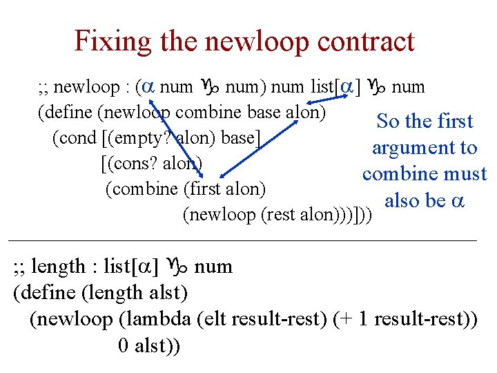 Fixing the newloop contract ; ; newloop : (a num g num) num list[a]