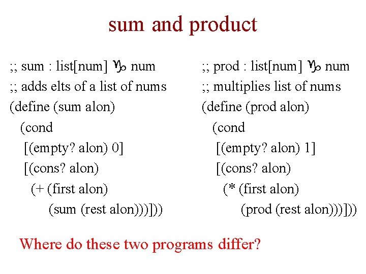 sum and product ; ; sum : list[num] g num ; ; adds elts