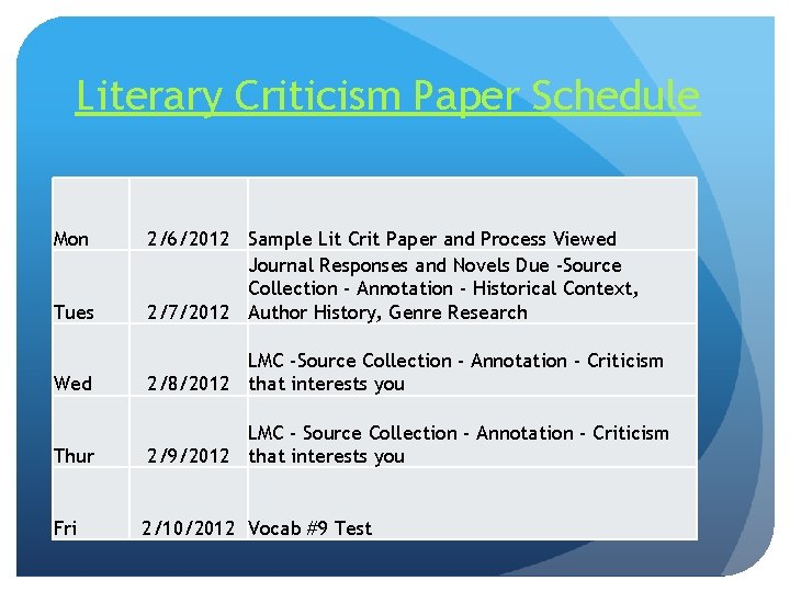 Literary Criticism Paper Schedule Mon Tues 2/6/2012 Sample Lit Crit Paper and Process Viewed