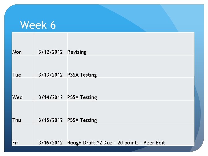 Week 6 Mon 3/12/2012 Revising Tue 3/13/2012 PSSA Testing Wed 3/14/2012 PSSA Testing Thu