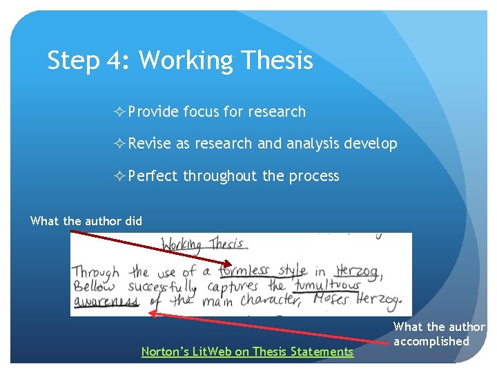 Step 4: Working Thesis Provide focus for research Revise as research and analysis develop