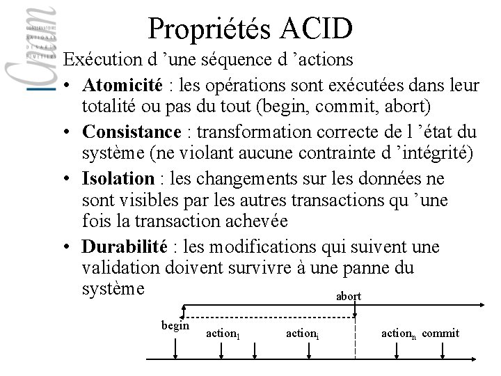 Propriétés ACID Exécution d ’une séquence d ’actions • Atomicité : les opérations sont