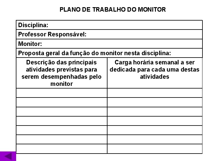 PLANO DE TRABALHO DO MONITOR Disciplina: Professor Responsável: Monitor: Proposta geral da função do