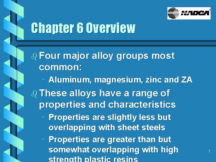 Chapter 6 Overview b Four major alloy groups most common: • Aluminum, magnesium, zinc