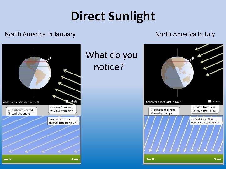 Direct Sunlight North America in January North America in July What do you notice?