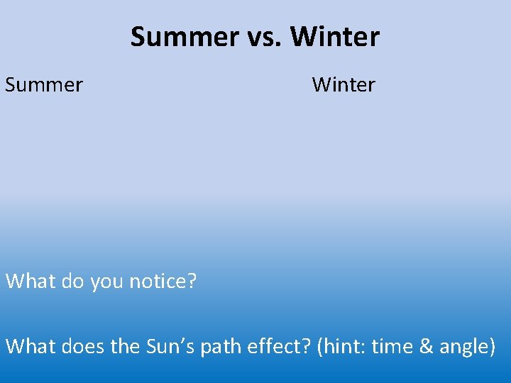 Summer vs. Winter Summer Winter What do you notice? What does the Sun’s path
