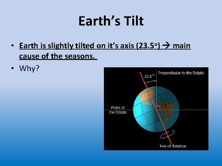 Earth’s Tilt • Earth is slightly tilted on it’s axis (23. 5 o) main