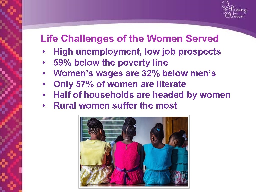 Life Challenges of the Women Served • • • High unemployment, low job prospects