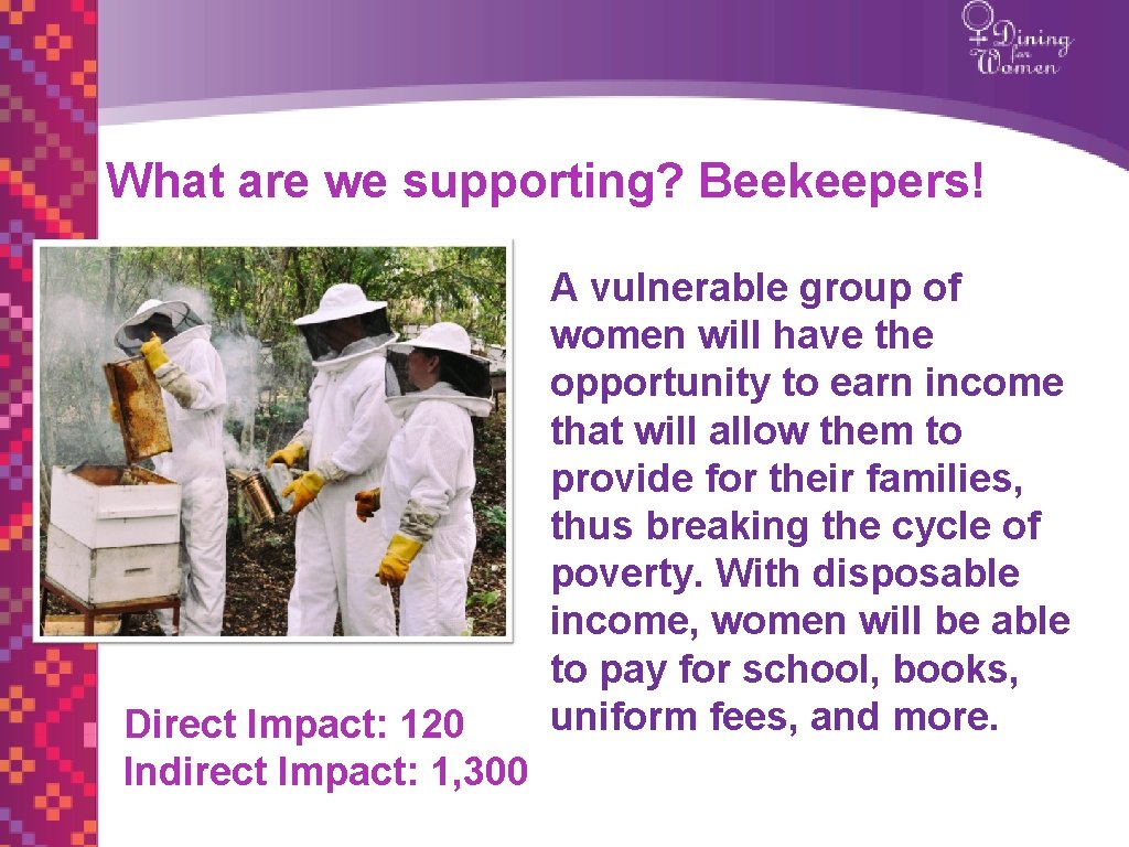 What are we supporting? Beekeepers! Direct Impact: 120 Indirect Impact: 1, 300 A vulnerable