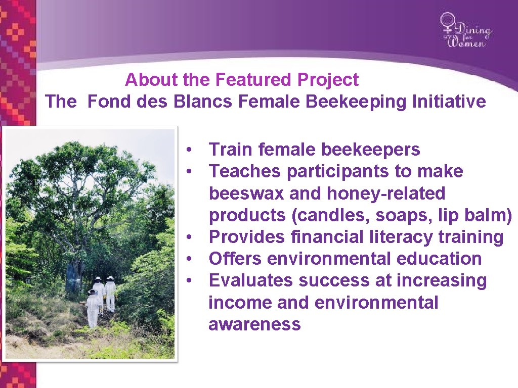 About the Featured Project The Fond des Blancs Female Beekeeping Initiative • Train female