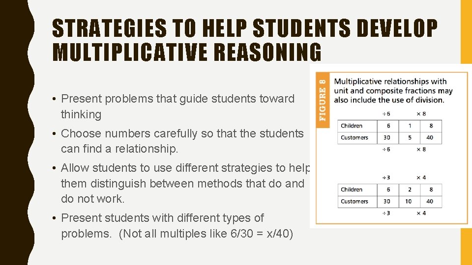 STRATEGIES TO HELP STUDENTS DEVELOP MULTIPLICATIVE REASONING • Present problems that guide students toward
