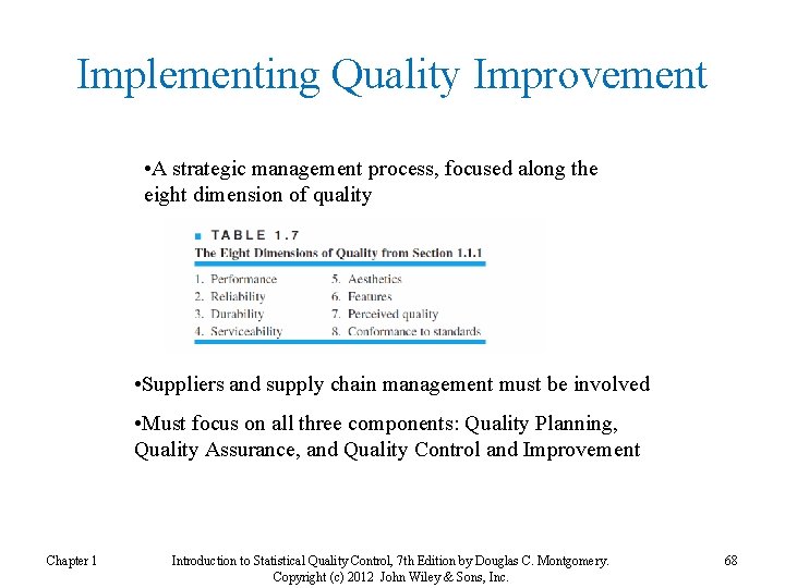 Implementing Quality Improvement • A strategic management process, focused along the eight dimension of