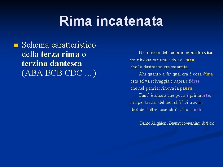 Rima incatenata n Schema caratteristico della terza rima o terzina dantesca (ABA BCB CDC