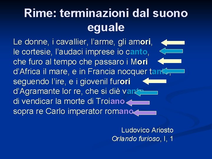 Rime: terminazioni dal suono eguale Le donne, i cavallier, l’arme, gli amori, le cortesie,