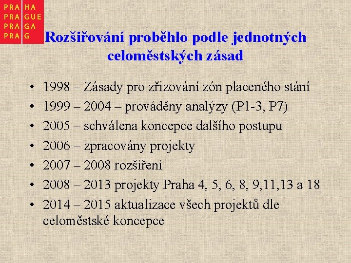 Rozšiřování proběhlo podle jednotných celoměstských zásad • • 1998 – Zásady pro zřizování zón