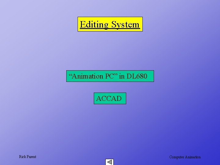 Editing System “Animation PC” in DL 680 ACCAD Rick Parent Computer Animation 