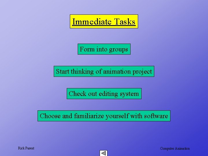 Immediate Tasks Form into groups Start thinking of animation project Check out editing system
